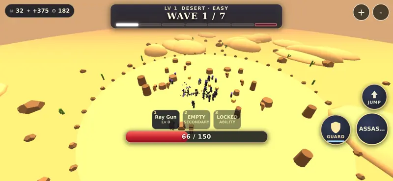 Landscape phone capture: a Desert wave with touch buttons for Jump, Guard and the Assassinate ability.