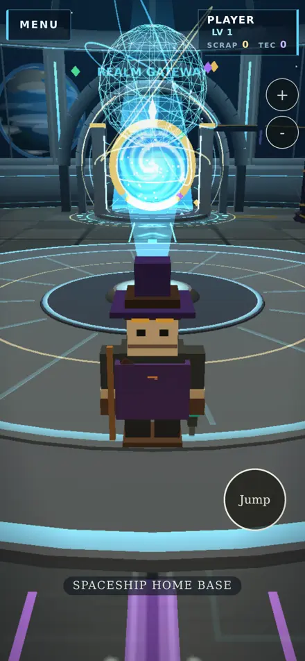 Portrait phone capture: a Mage in a purple hat stands before the Realm Gateway in the Home Base.